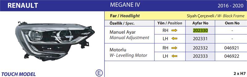 ON FAR SAG MEGANE IV TOUCH SIYAH CERCEVELI 16>20 MANUEL
