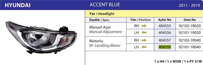 FAR SOL HYUNDAI ACCENT BLUE 11>15 (MOTORLU)