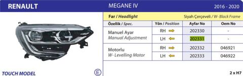 ON FAR SOL MEGANE IV TOUCH SIYAH CERCEVELI 16>20 MANUEL