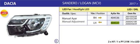 FAR SOL MANUEL LEDLI DACIA LOGAN SANDERO II JOY  MCV SANDERO 2017 ->