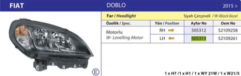 FAR DOBLO SIYAH CERCEVE MOTORLU 15> SOL