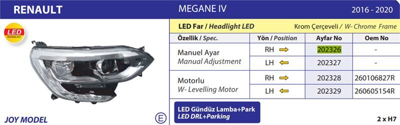 ON FAR SAG MEGANE IV JOY MODEL LEDLI KROM CERCEVELI 16>20  MANUEL