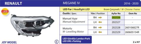 ON FAR SAG MEGANE IV JOY MODEL LEDLI KROM CERCEVELI 16>20 MOTORLU