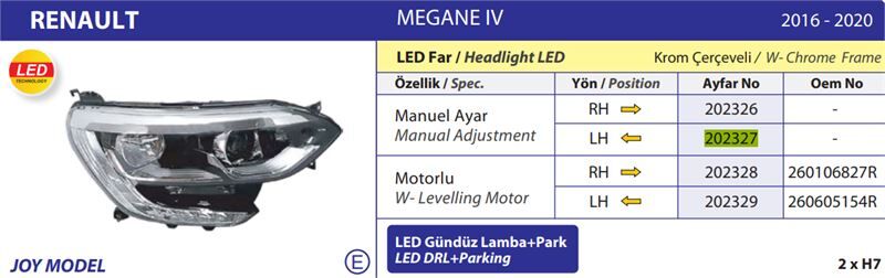 ON FAR SOL MEGANE IV JOY MODEL LEDLI KROM CERCEVELI 16>20 MANUEL