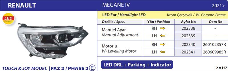 ON FAR SAG MEGANE IV TOUCH/JOY MODEL FAZ 2 LEDLI KROM CERCEVELI 21>  MANUEL