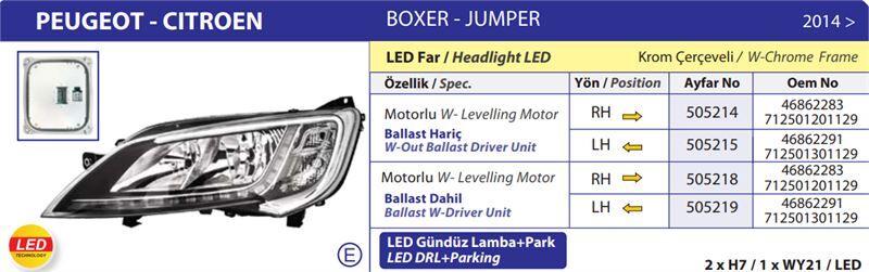 FAR SAG (LED) MOTORLU (BALLAST DAHIL) JUMPER III DUCATO III BOXER III 14>